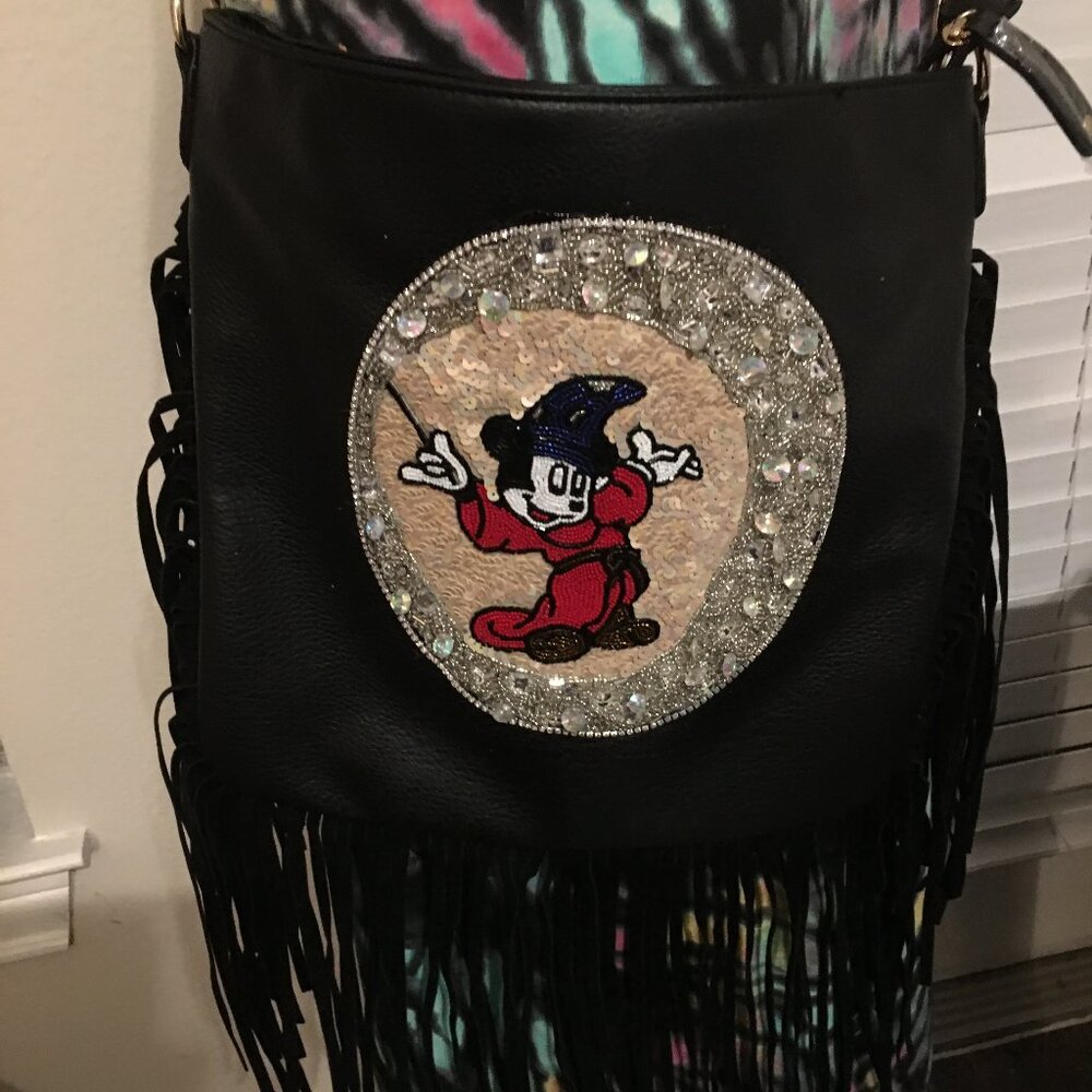 Mickey Mouse Black Fringed Faux Leather Shoulder Bag Purse - Strong Straps